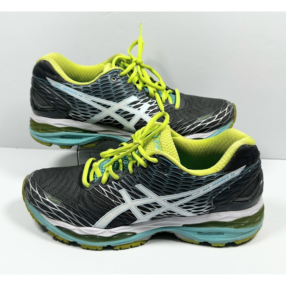 Asics Gel-Nimbus 18 Womens Running Shoes Gray Neon Green/Yellow Blue T650N Sz 9